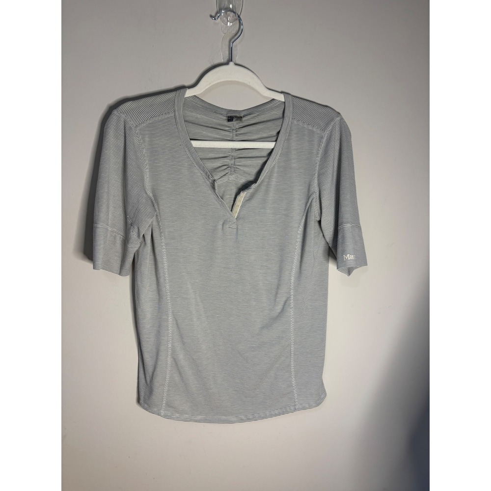 Marmot Womens Gray Striped Ruched V-Neck Athletic Short Sleeve Shirt Size Medium